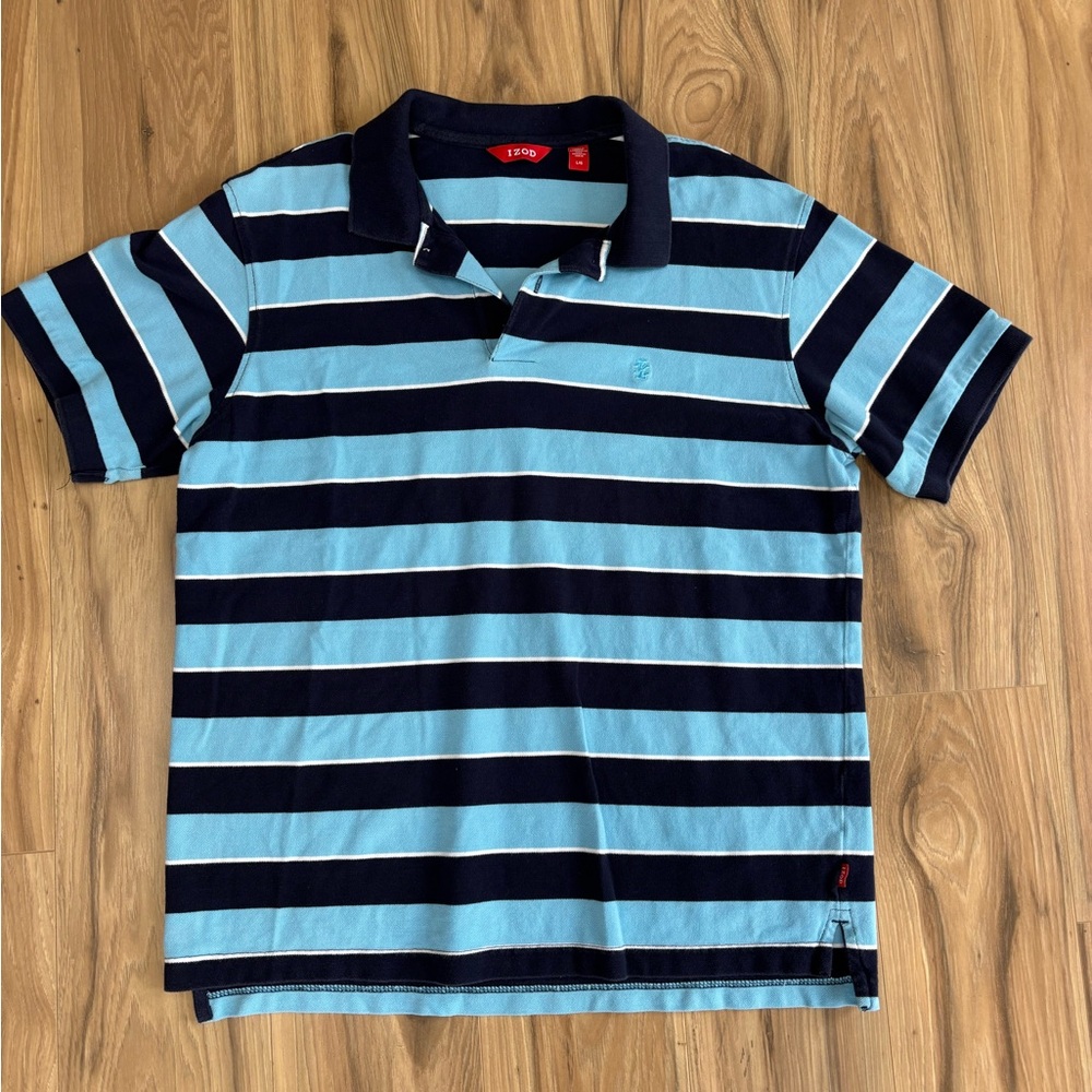 Izod Blue and Black Striped Polo Shirt Classic Design